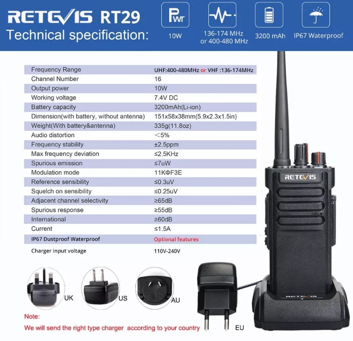 Walkie Talkie Largo Alcance 3-5 km Profesional Retevis RT29 10W Radio  Emisora de Caza IP67 impermeable a prueba de polvo (opcional) VHF o UHF  para